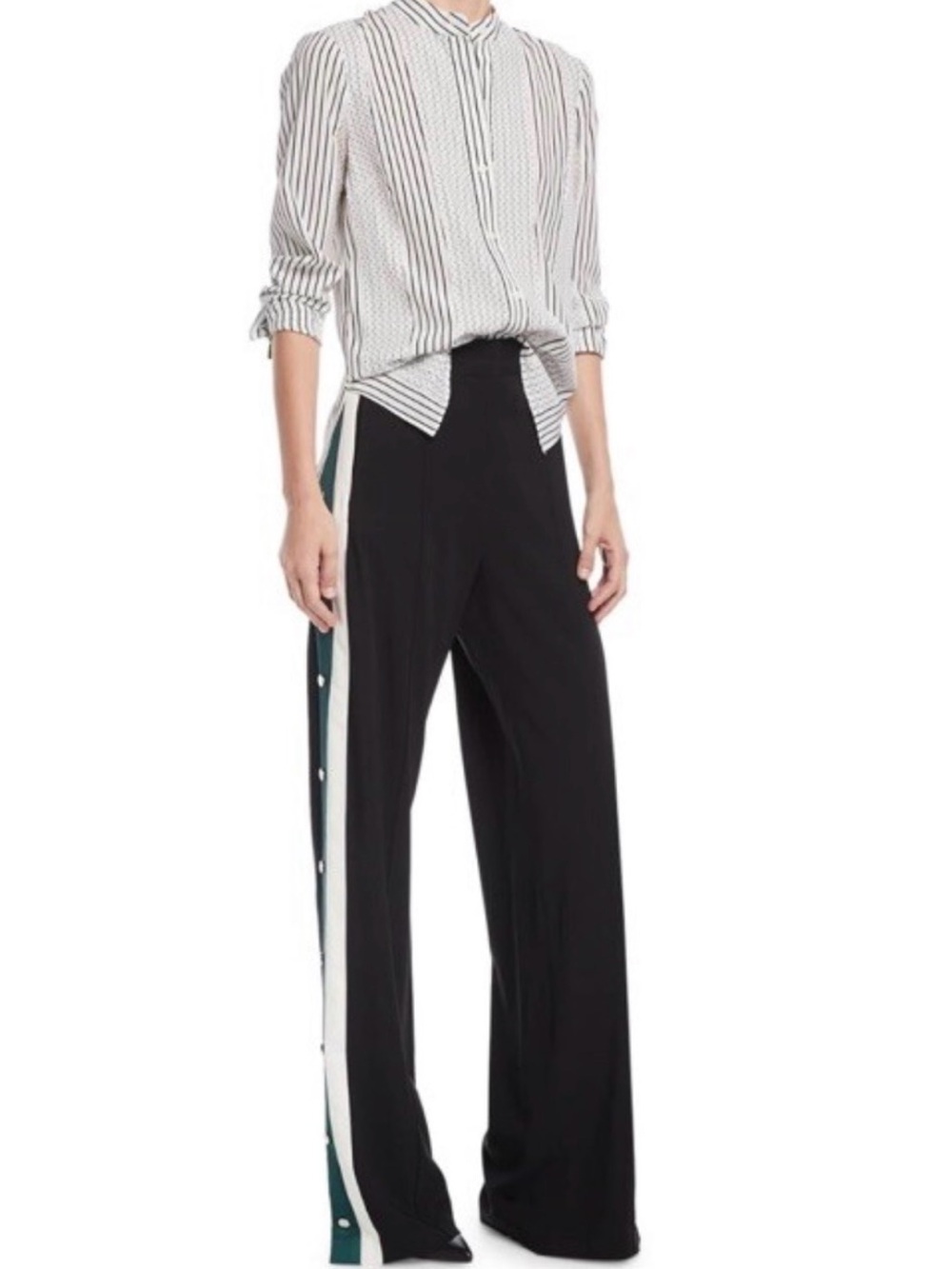 Veronica Beard Russo Pants Black High-Waisted Snap-Up Stripe Wide Leg Size 6